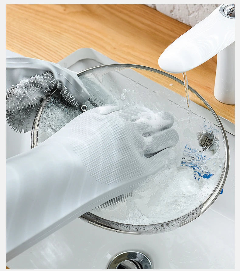 Silicone dishwashing gloves with sponge for kitchen cleaning.