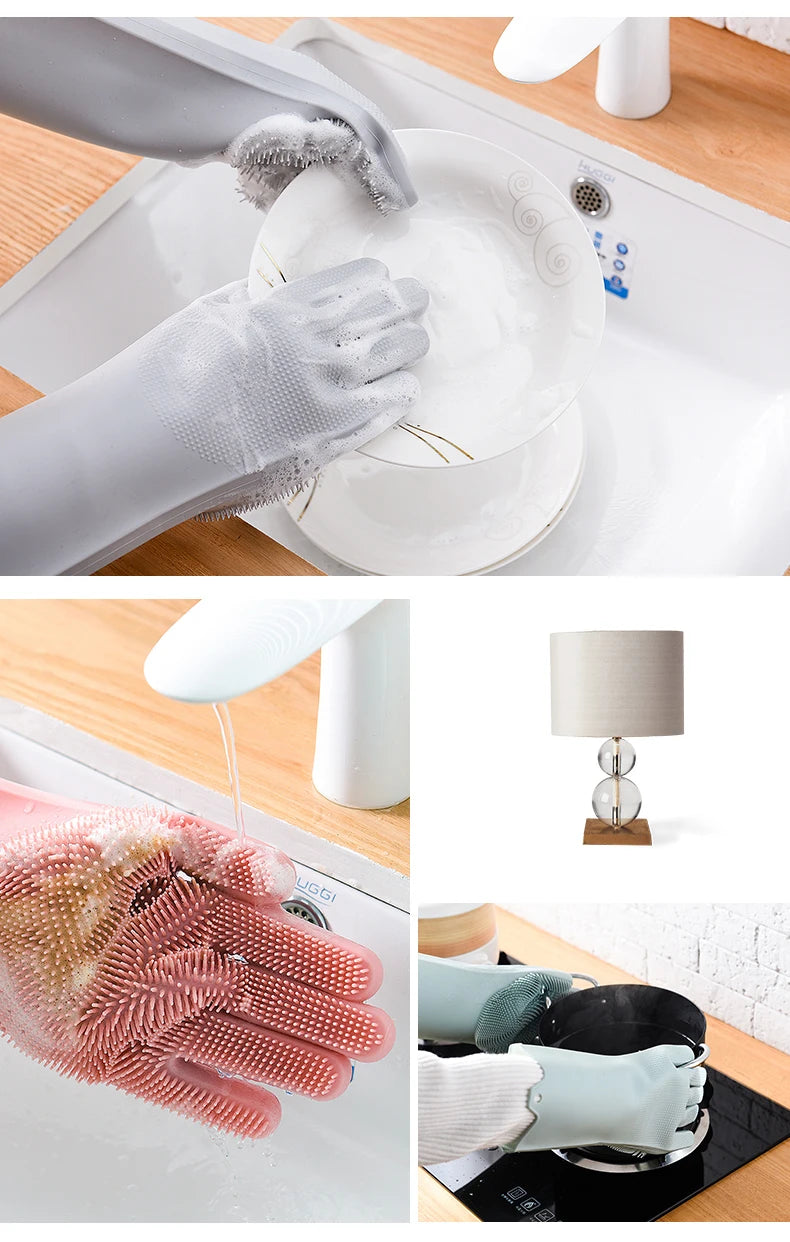 Silicone dishwashing gloves with sponge for kitchen cleaning.