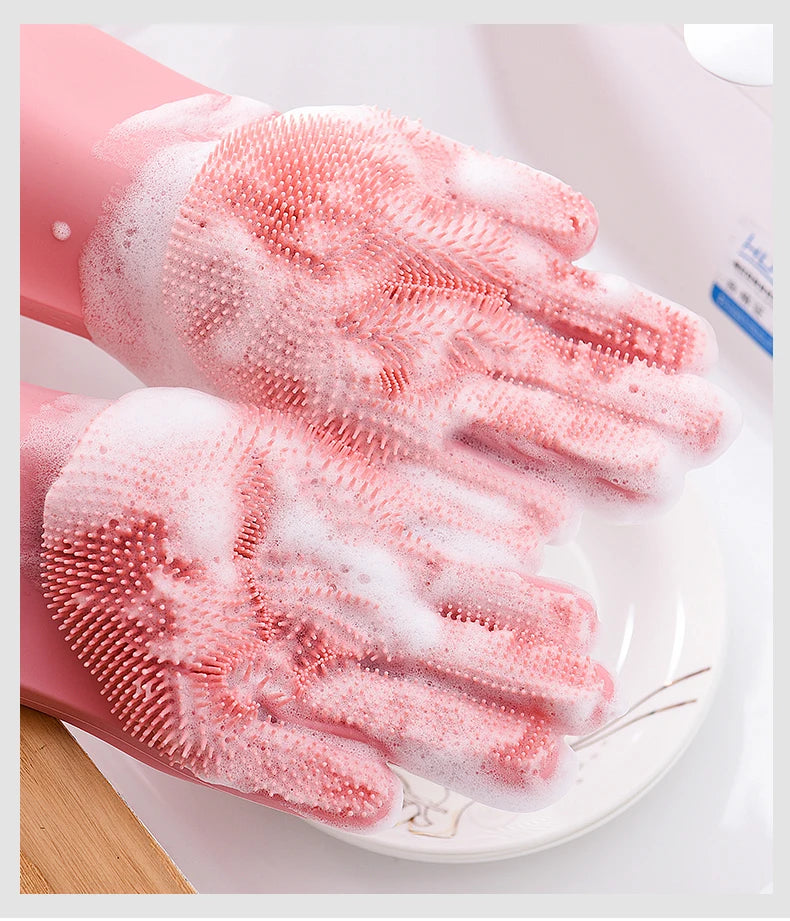 Silicone dishwashing gloves with sponge for kitchen cleaning.