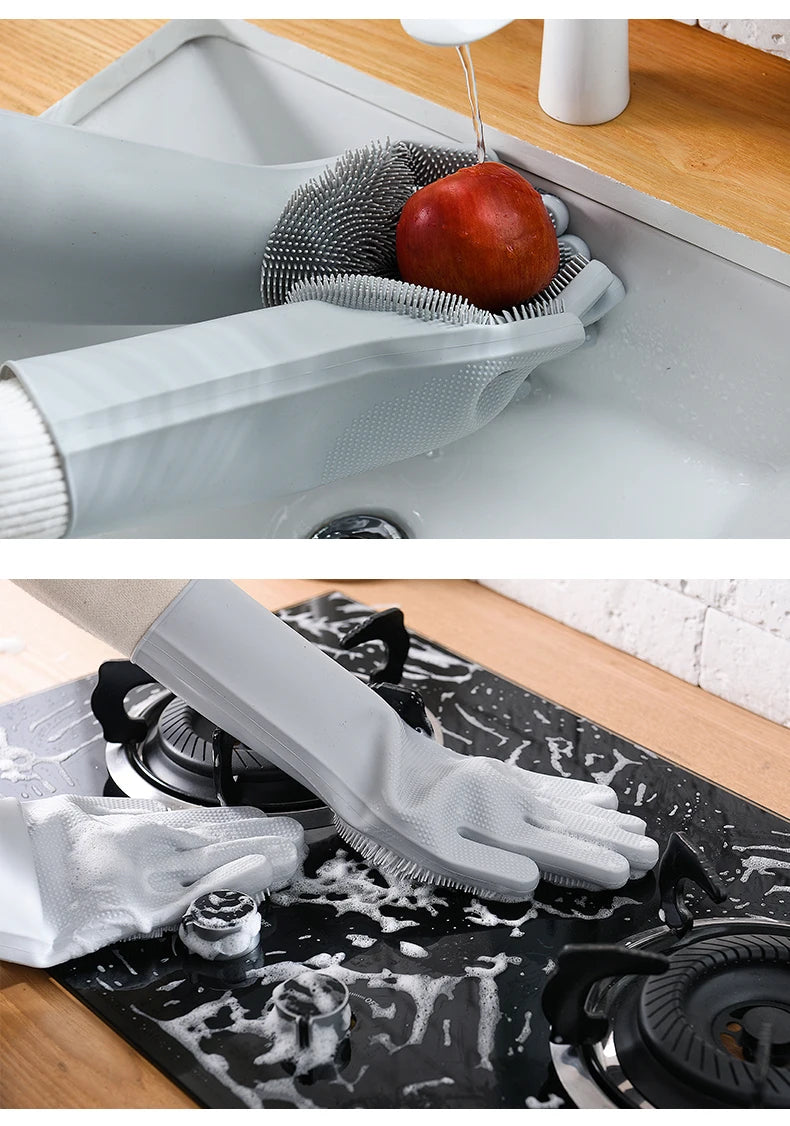 Silicone dishwashing gloves with sponge for kitchen cleaning.