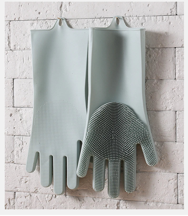 Silicone dishwashing gloves with sponge for kitchen cleaning.