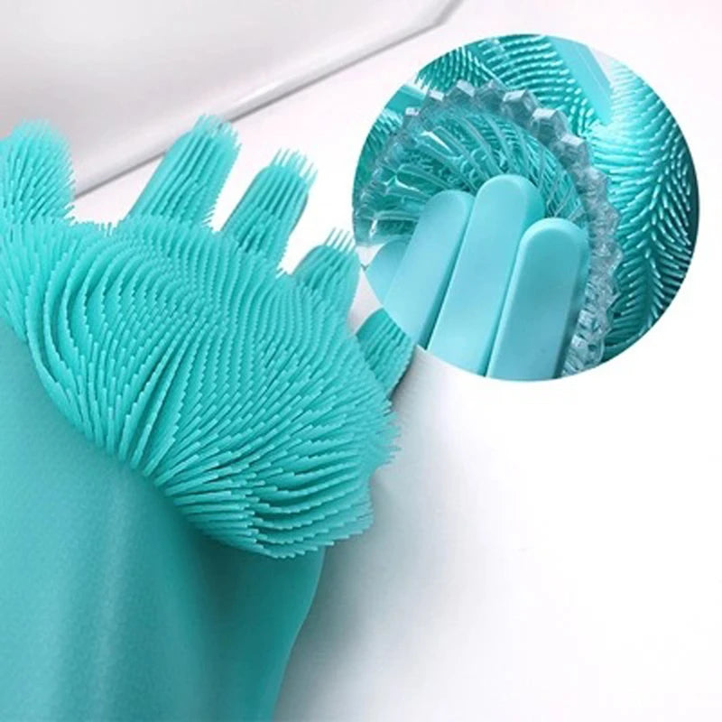 Silicone dishwashing gloves with sponge for kitchen cleaning.