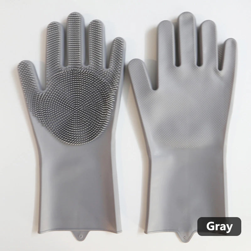 Silicone dishwashing gloves with sponge for kitchen cleaning.