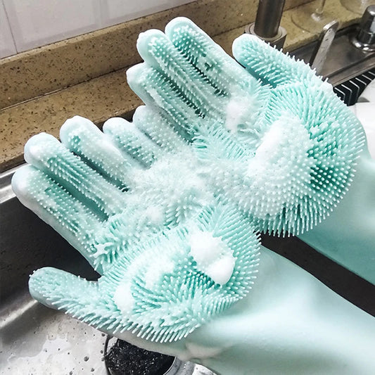 Silicone dishwashing gloves with sponge for kitchen cleaning.