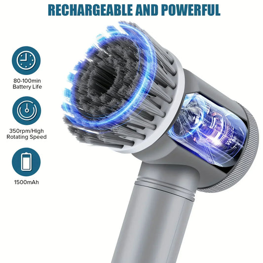 Cordless spin scrubber with replaceable brush heads for cleaning