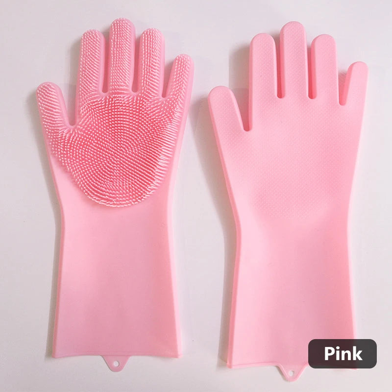 Silicone dishwashing gloves with sponge for kitchen cleaning.