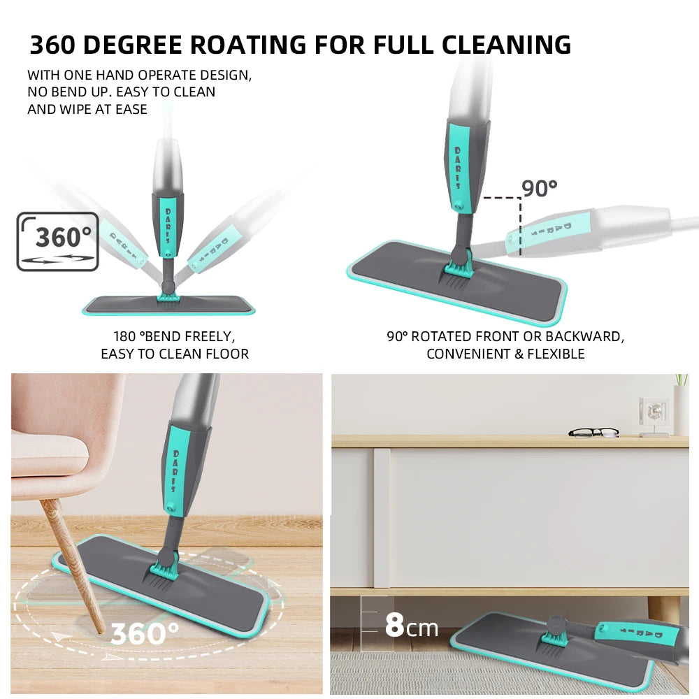 360° Rotating Flat Spray Mop with Microfiber Pads for Floor Cleaning