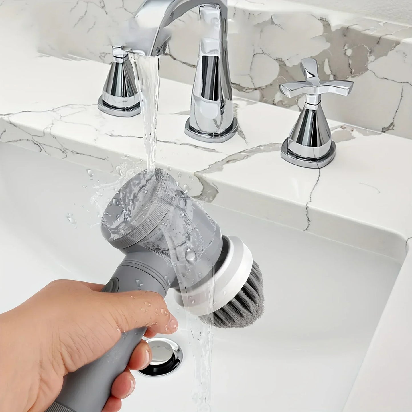 Cordless spin scrubber with replaceable brush heads for cleaning