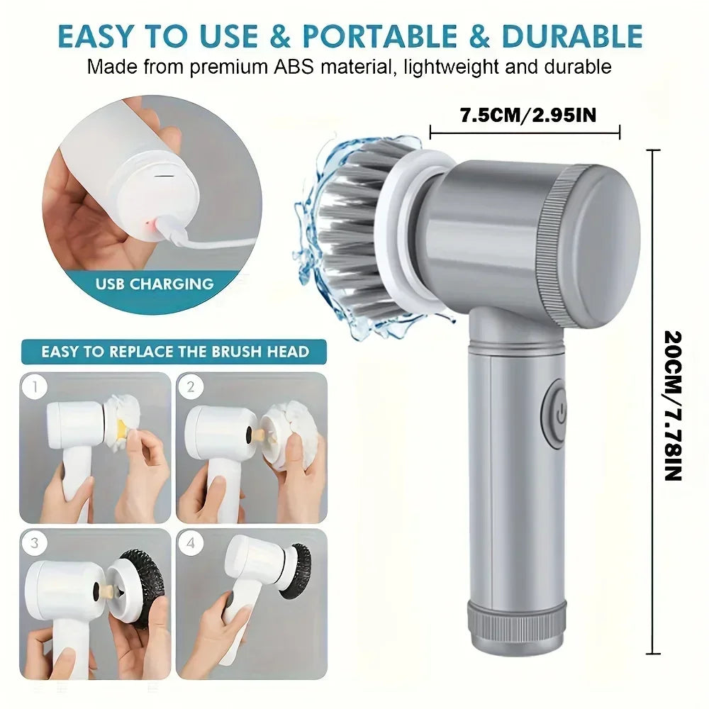 Cordless spin scrubber with replaceable brush heads for cleaning