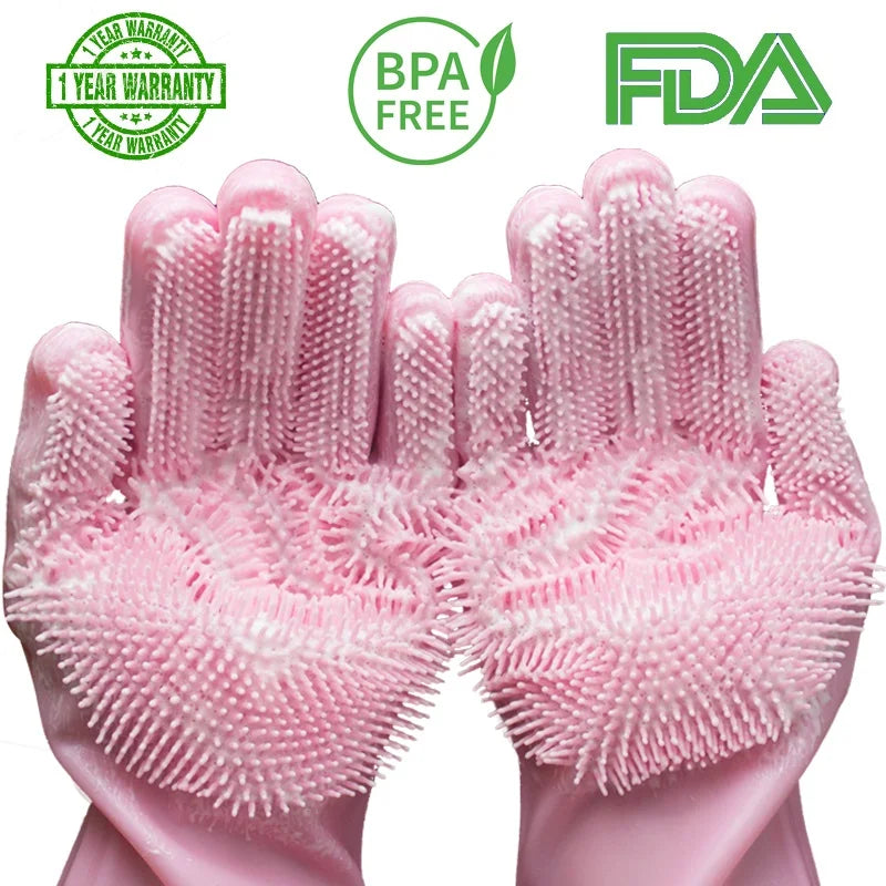 Silicone dishwashing gloves with sponge for kitchen cleaning.