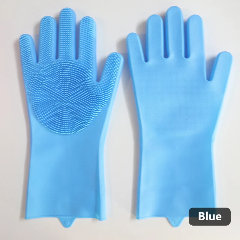 Silicone dishwashing gloves with sponge for kitchen cleaning.