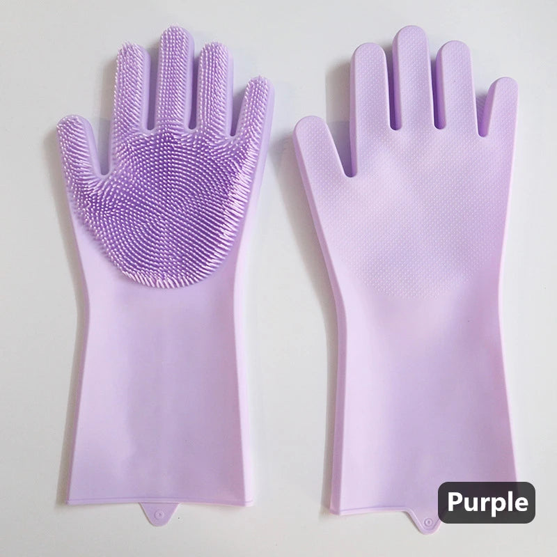 Silicone dishwashing gloves with sponge for kitchen cleaning.