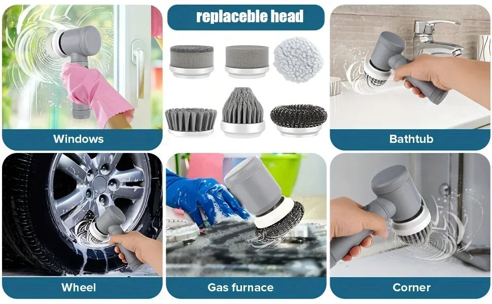 Cordless spin scrubber with replaceable brush heads for cleaning