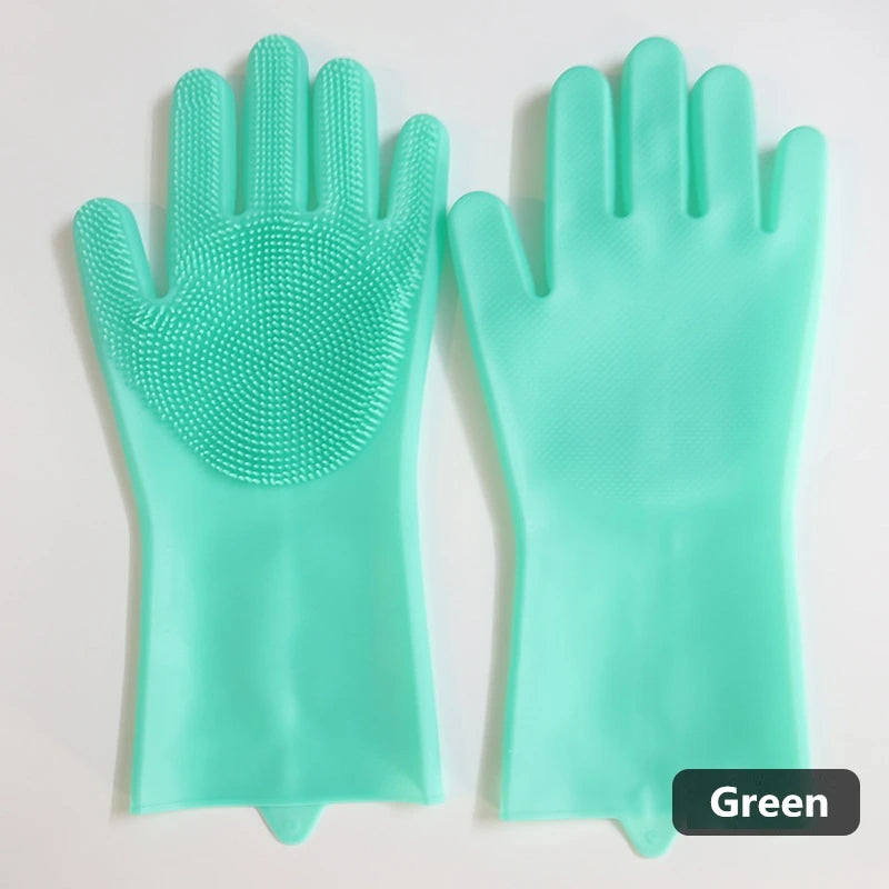 Silicone dishwashing gloves with sponge for kitchen cleaning.