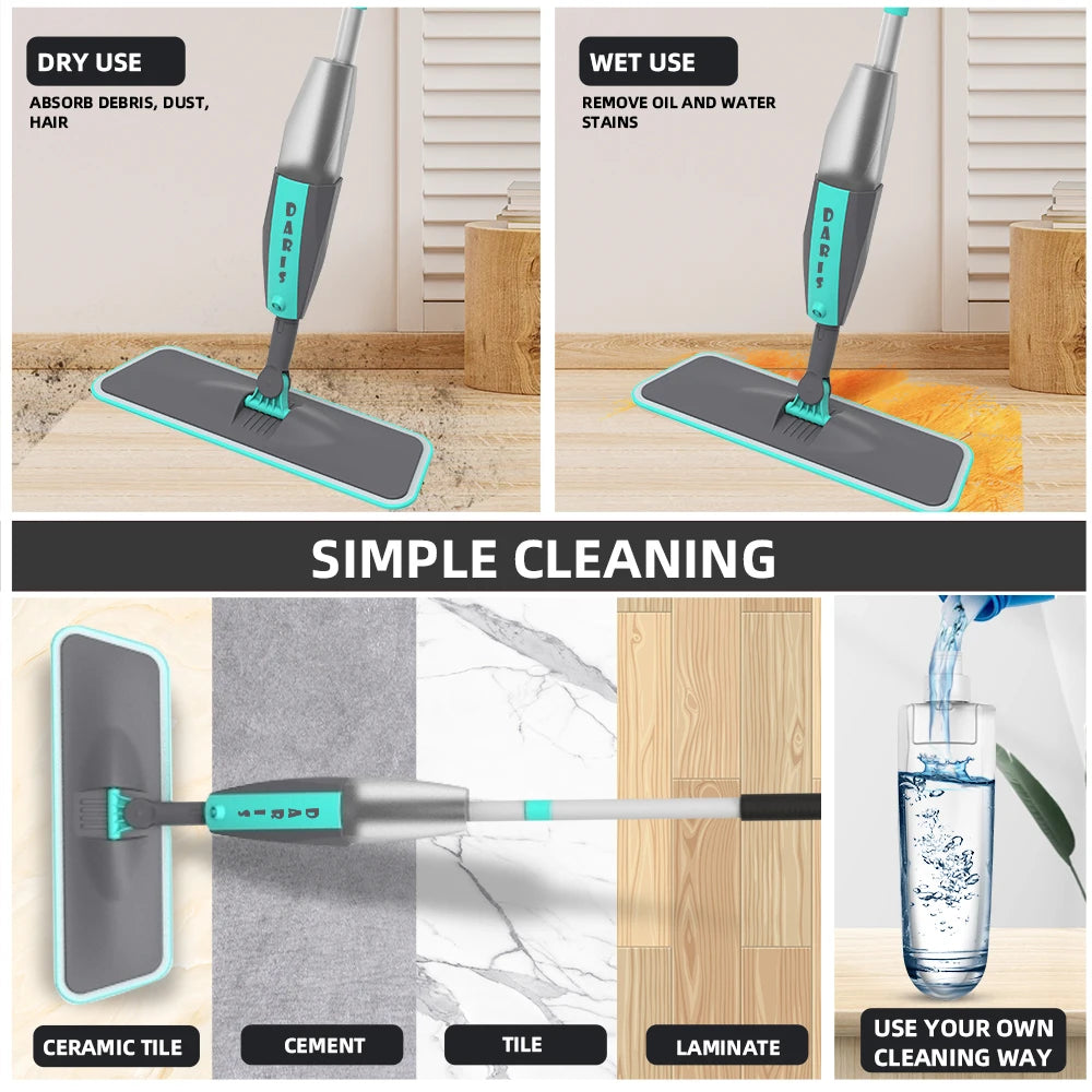 360° Rotating Flat Spray Mop with Microfiber Pads for Floor Cleaning